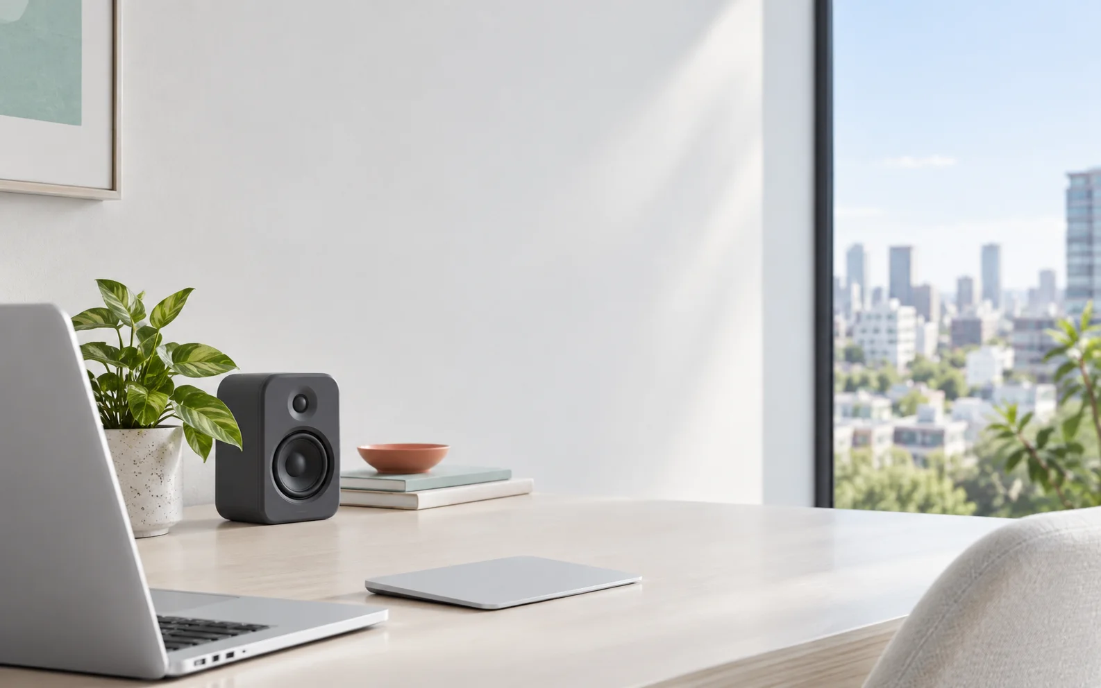 A speaker beside a Mac in a bright desk setup