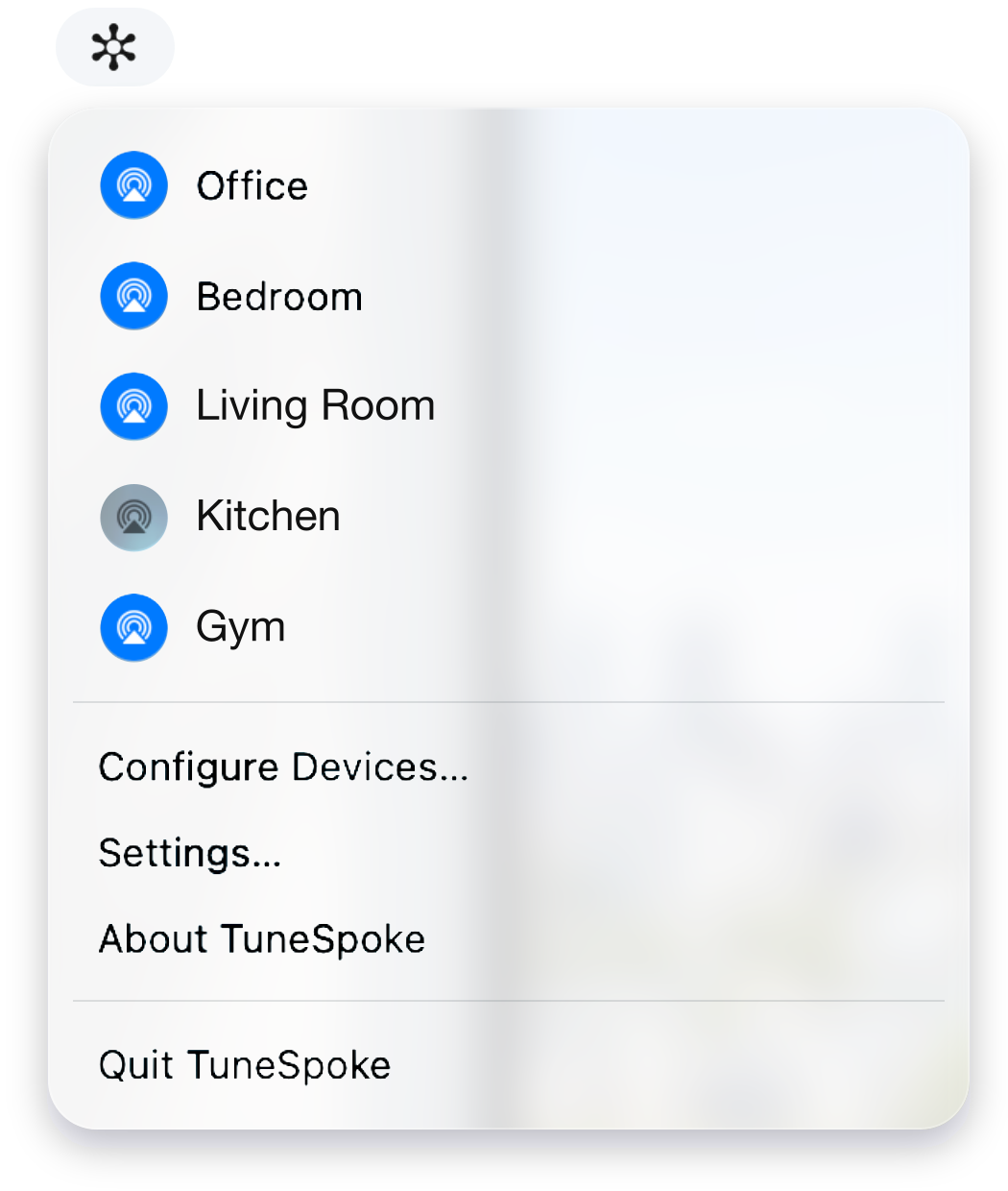 TuneSpoke’s menu-bar controls, with destinations and configuration commands, illustrated on translucent glass