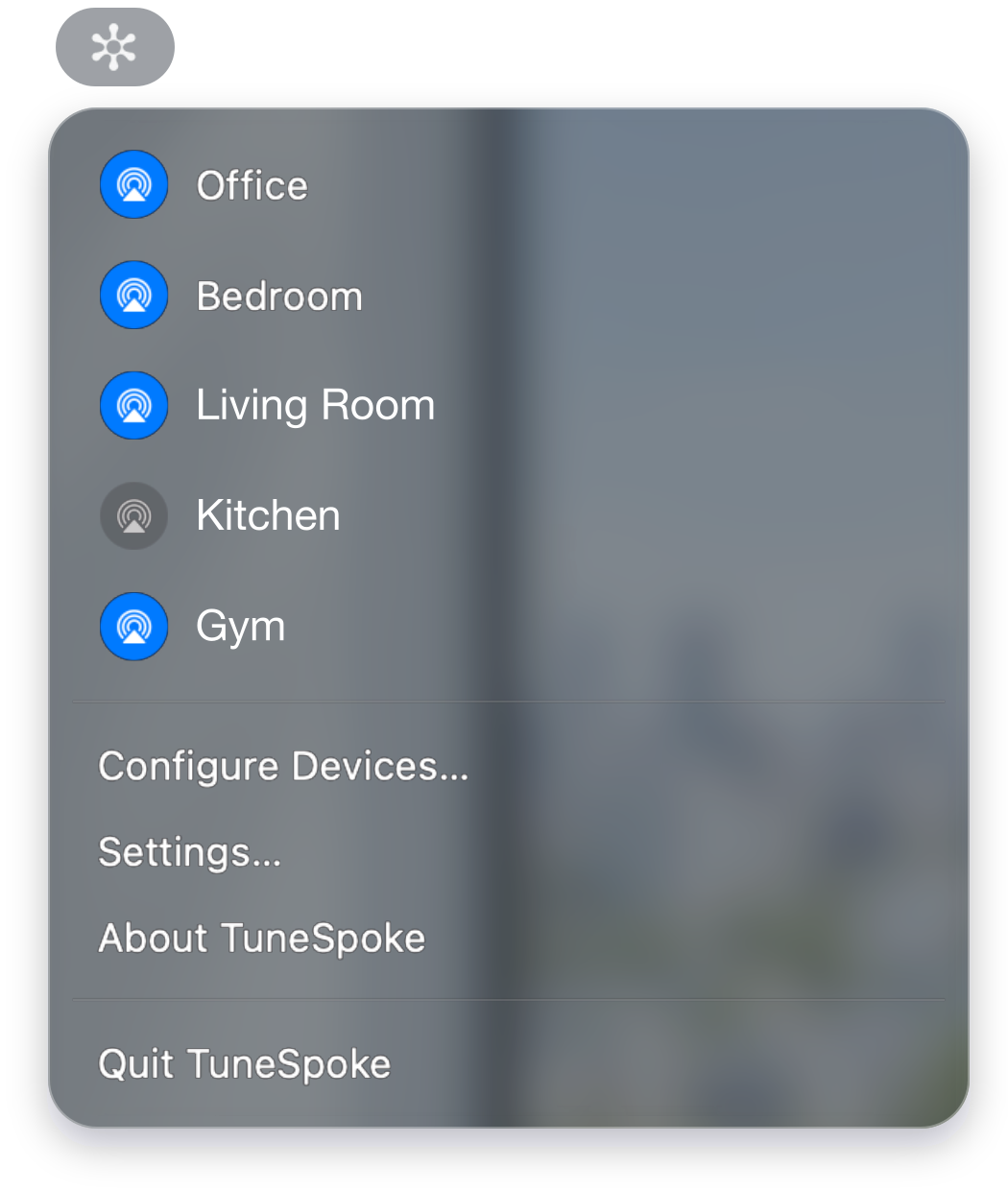 TuneSpoke’s menu-bar controls, with destinations and configuration commands, illustrated on translucent glass