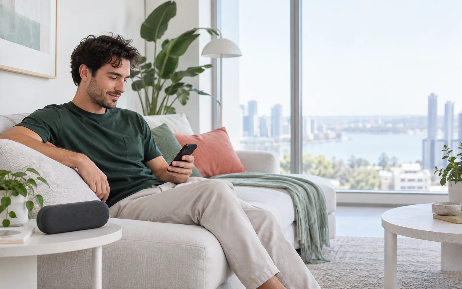 A listener with their phone and a speaker in a bright living room