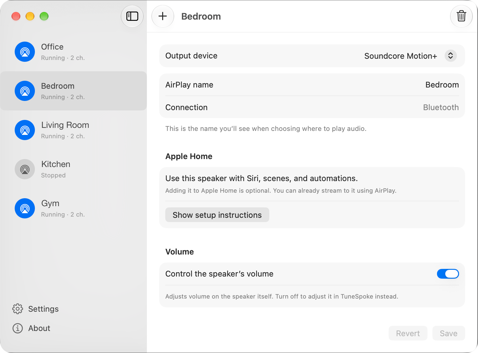 TuneSpoke’s Mac window, connecting the Bedroom AirPlay name to a Bluetooth output