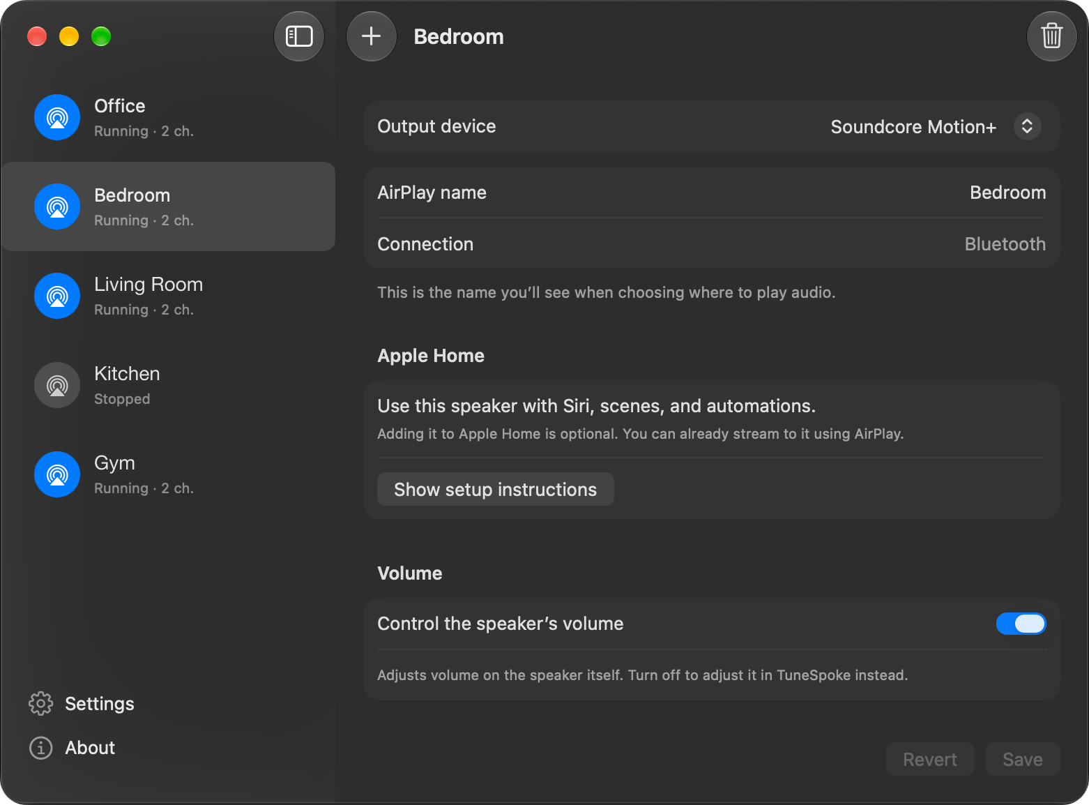 TuneSpoke’s Mac window, connecting the Bedroom AirPlay name to a Bluetooth output