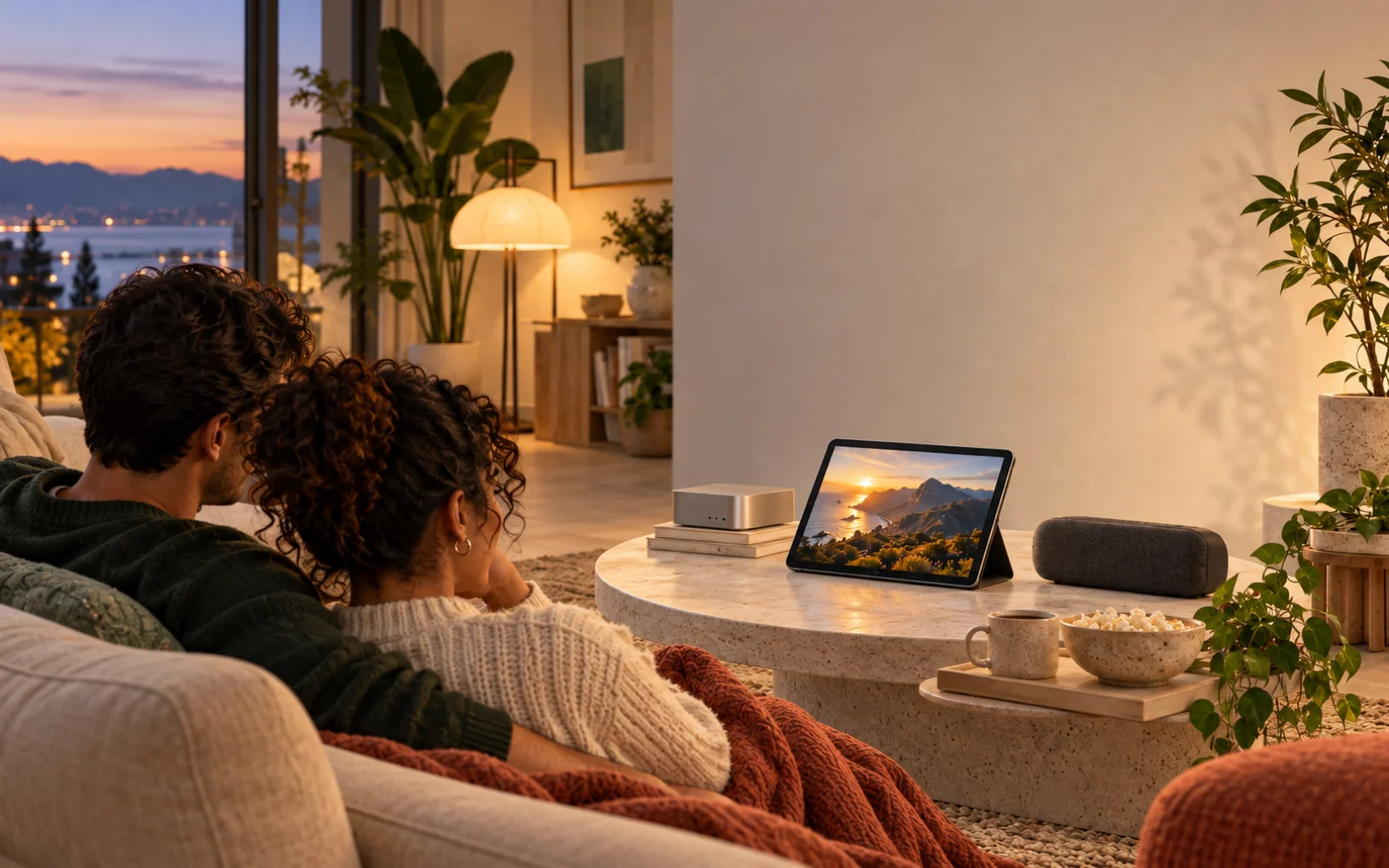 Two people watching a video on a tablet beside a separate speaker, in a warm evening living room